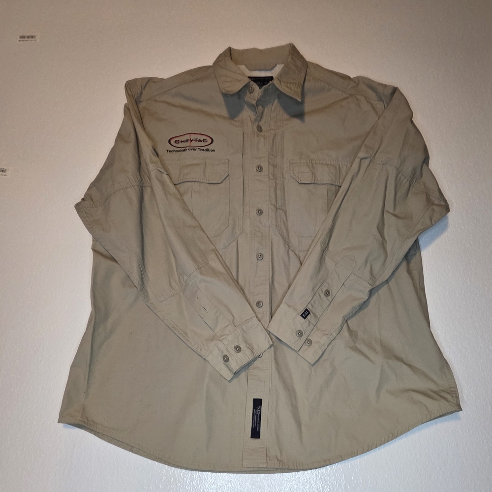 CheyTac Logo 5.11 Tactical Mens XL Vented Shirt Button Front Khaki Long Sleeve